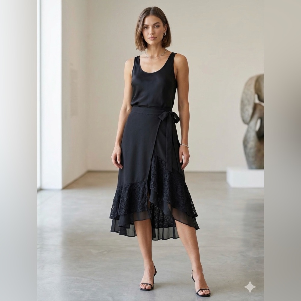 Zara Black Asymmetric Lace-Trim Wrap Skirt